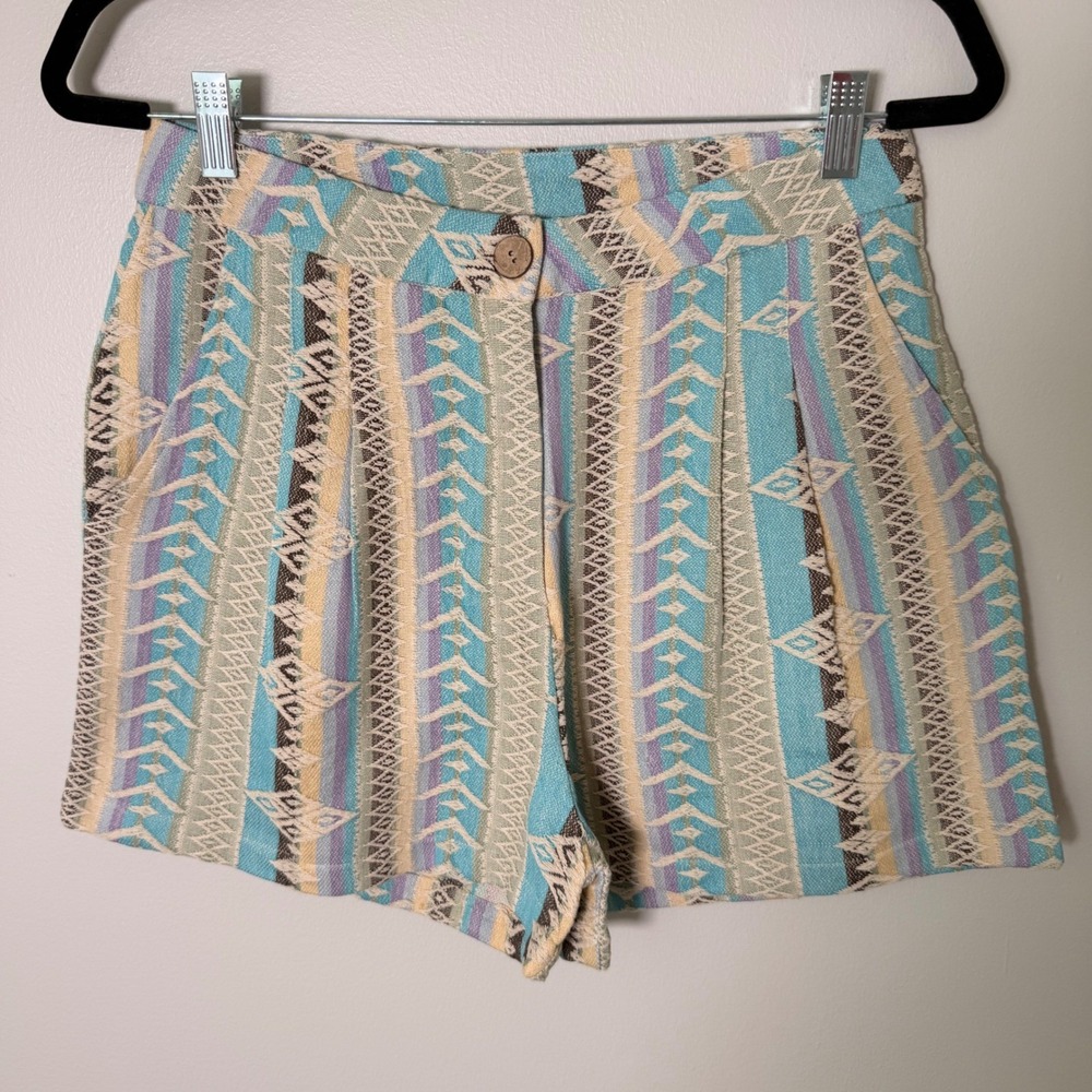 Pleated Embroidered Pastel Colorful Cotton Shorts (S) Summer High Waist 3" Rise - Picture 2 of 12